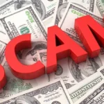 QNET Scam notice, scam text on money background.
