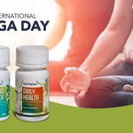 Indian couple doing yoga outdoors with Nutriplus DailyHealth and Nutriplus ImmunHealth in the frame