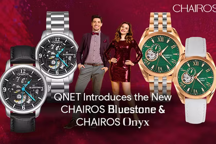 A young man and a woman standing next to each other with new luxury watches for men and women CHAIROS Bluestone and CHAIROS Onyx in the frame