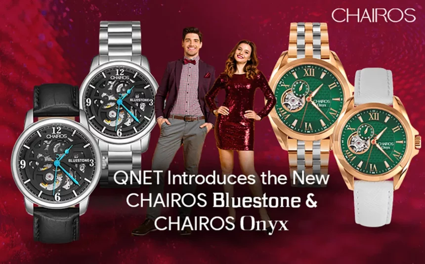 A young man and a woman standing next to each other with new luxury watches for men and women CHAIROS Bluestone and CHAIROS Onyx in the frame
