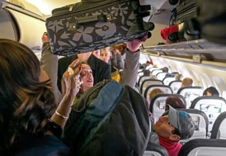 inside of a airplane, people putting bags away