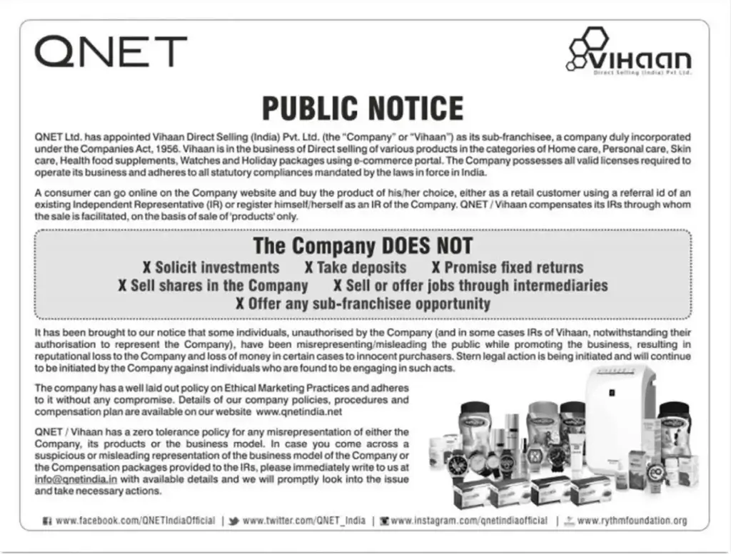 QNET zero tolerance Public notice