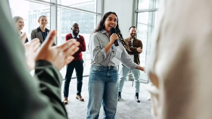 woman talking in meeting standing up