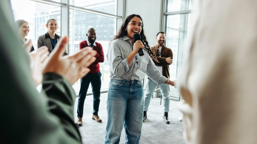 woman talking in meeting standing up