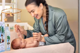 Natural baby care product for gentle skin and hair nourishment with safe, mild ingredients